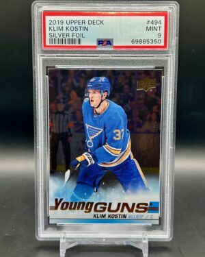 2019-20 Upper Deck Young Guns Silver Foil rookie card #494 featuring Klim Kostin of the St. Louis Blues, graded PSA 9, a rare and highly collectible parallel sought after by NHL fans and rookie card collectors.
