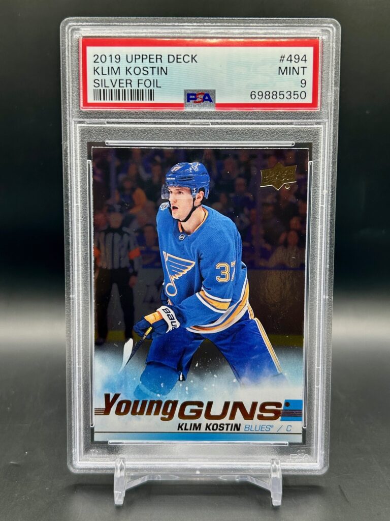 2019-20 Upper Deck Young Guns Silver Foil rookie card #494 featuring Klim Kostin of the St. Louis Blues, graded PSA 9, a rare and highly collectible parallel sought after by NHL fans and rookie card collectors.