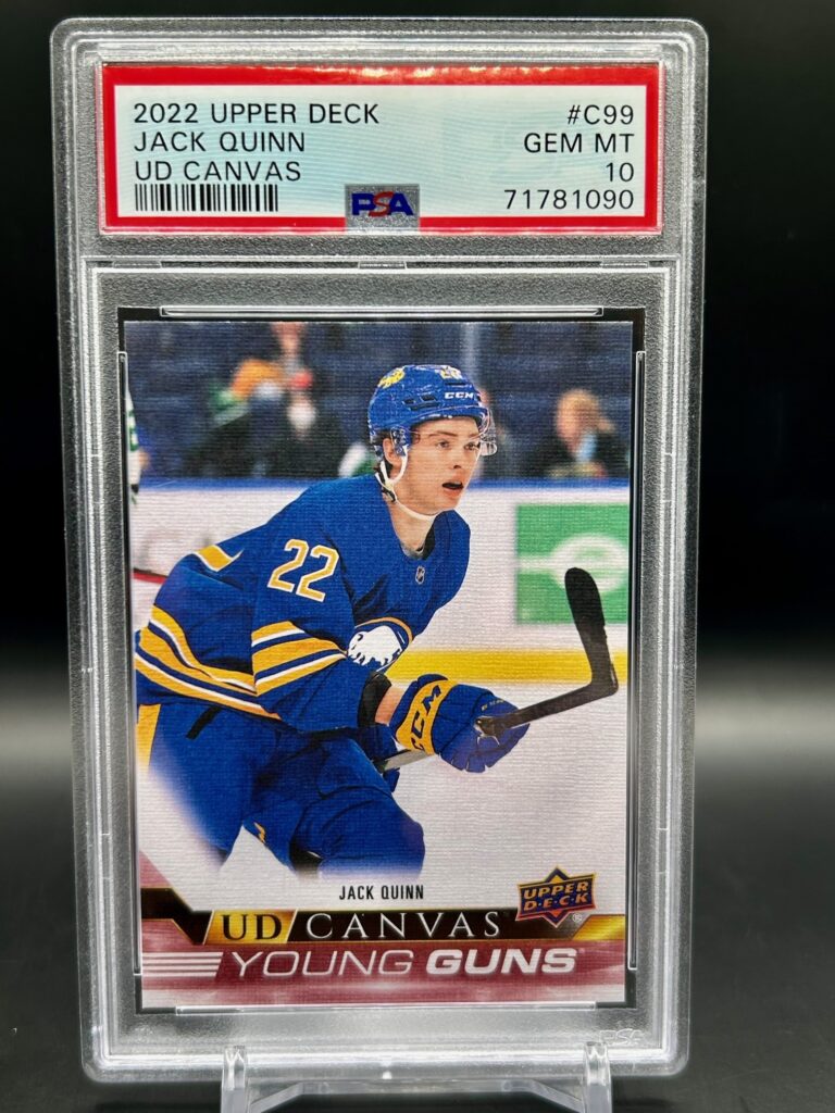 2022-23 Upper Deck Young Guns Canvas Jack Quinn rookie card #C99, PSA 10 GEM MINT, Buffalo Sabres, hockey collectible