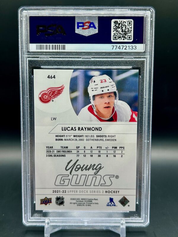 2021-22 Upper Deck Young Guns #464 Lucas Raymond PSA 10 Rookie – Detroit Red Wings - Image 2
