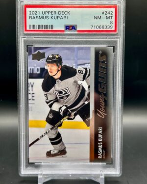 Rasmus Kupari 2022-23 UD Young Guns #242, PSA 8, Los Angeles Kings, rookie card, NHL, graded collectible.