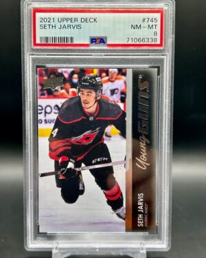 Seth Jarvis 2021-22 UD Young Guns #745, PSA 8, Carolina Hurricanes, rookie card, NHL, graded collectible.