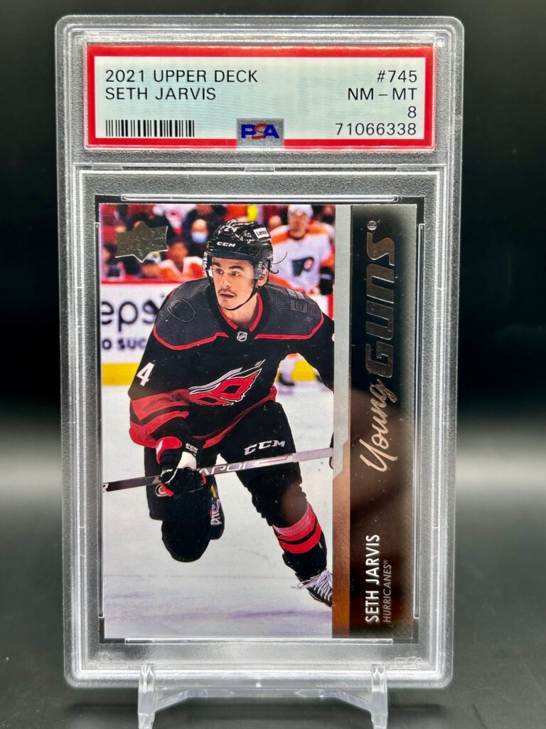 Seth Jarvis 2021-22 UD Young Guns #745, PSA 8, Carolina Hurricanes, rookie card, NHL, graded collectible.