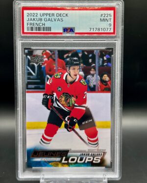 2022 Upper Deck French Young Guns Jakub Galvas #225 rookie card, graded PSA 9, featuring the rare French parallel, Blackhawks defenseman, and iconic Young Guns rookie status.
