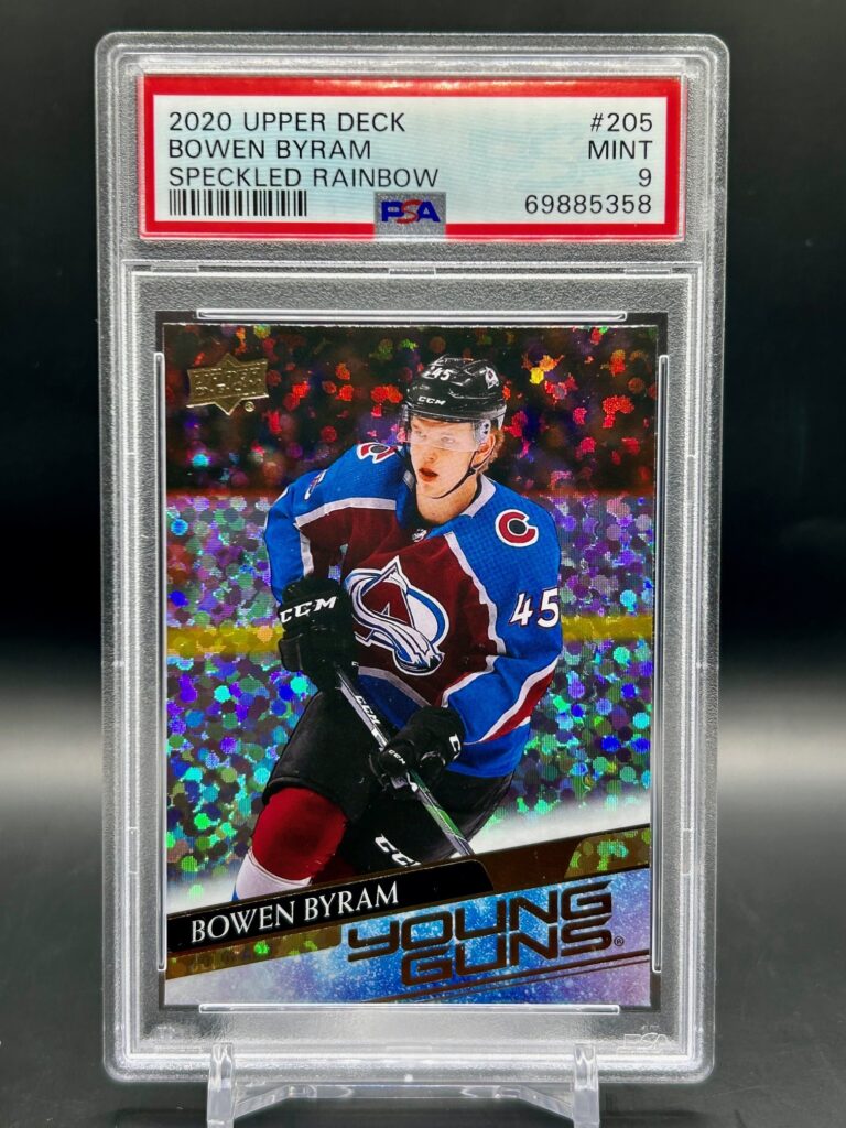 2020-21 Upper Deck Speckled Foil Young Guns #205 Bowen Byram rookie card graded PSA 9