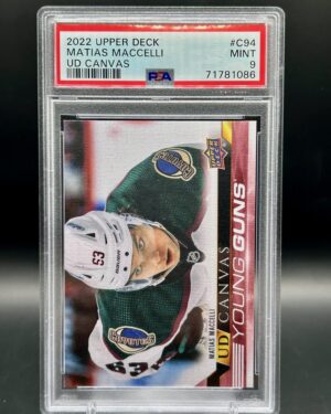 2022-23 Upper Deck Young Guns Canvas Mattias Maccelli rookie card #C94, graded PSA 9, featuring the Arizona Coyotes forward in artistic Canvas finish—highly collectible for NHL and Coyotes fans.