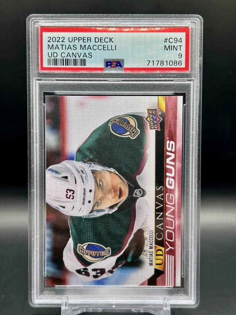 2022-23 Upper Deck Young Guns Canvas Mattias Maccelli rookie card #C94, graded PSA 9, featuring the Arizona Coyotes forward in artistic Canvas finish—highly collectible for NHL and Coyotes fans.