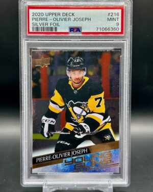 2020-21 Upper Deck Young Guns Silver Foil Pierre-Olivier Joseph rookie card #216, PSA 9, Pittsburgh Penguins, rare parallel, hockey collectible