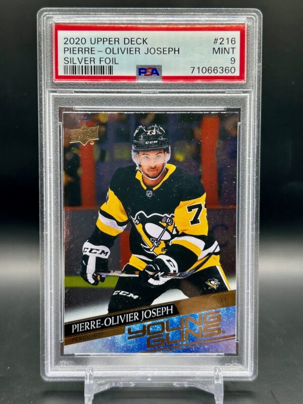 2020-21 Upper Deck Young Guns Silver Foil Pierre-Olivier Joseph rookie card #216, PSA 9, Pittsburgh Penguins, rare parallel, hockey collectible