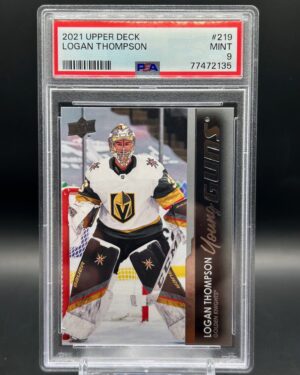 2021-22 Upper Deck Young Guns Logan Thompson #219 rookie card, PSA 9 graded, featuring Vegas Golden Knights goalie and iconic Young Guns design, perfect for collectors.