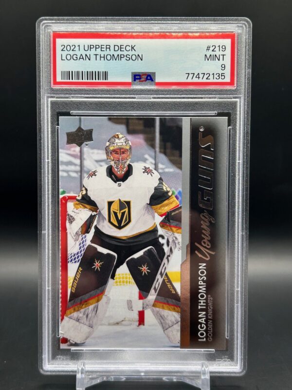 2021-22 Upper Deck Young Guns Logan Thompson #219 rookie card, PSA 9 graded, featuring Vegas Golden Knights goalie and iconic Young Guns design, perfect for collectors.