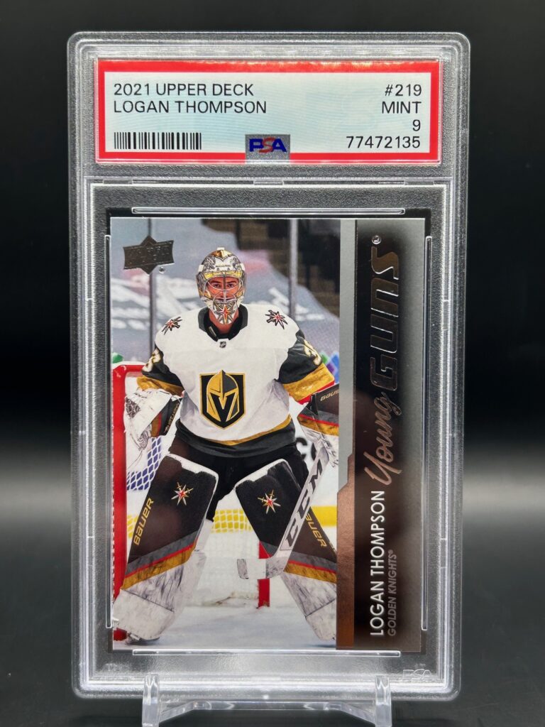 2021-22 Upper Deck Young Guns Logan Thompson #219 rookie card, PSA 9 graded, featuring Vegas Golden Knights goalie and iconic Young Guns design, perfect for collectors.