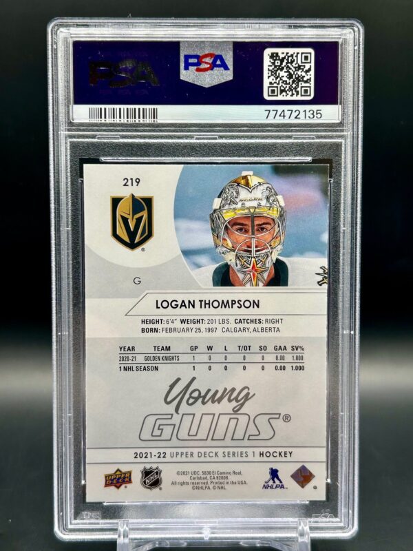 2021-22 Upper Deck Young Guns Logan Thompson Rookie Card #219 PSA 9 Vegas Golden Knights - Image 2