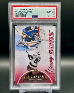 2021-22 Upper Deck Young Guns Canvas Rasmus Kupari #222 rookie card, PSA 10 graded, featuring Los Angeles Kings forward and iconic Canvas design, perfect for collectors.