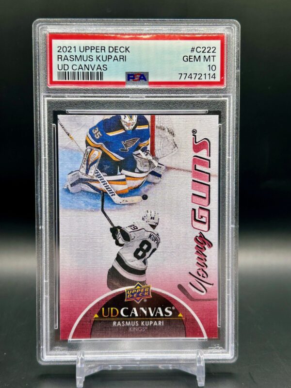2021-22 Upper Deck Young Guns Canvas Rasmus Kupari #222 rookie card, PSA 10 graded, featuring Los Angeles Kings forward and iconic Canvas design, perfect for collectors.