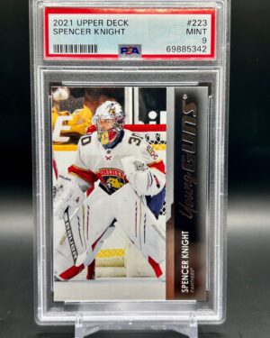 2021-22 Upper Deck Young Guns Spencer Knight rookie card #223, graded PSA 9, featuring the Florida Panthers goaltender in full gear—highly collectible for NHL and Panthers fans.