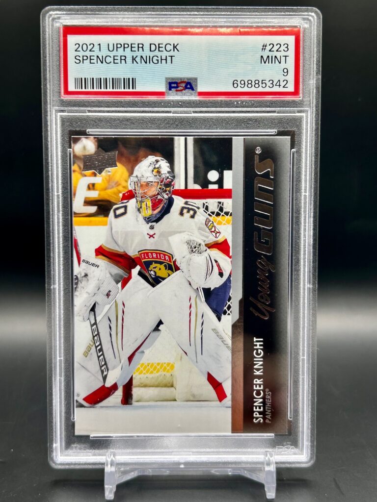 2021-22 Upper Deck Young Guns Spencer Knight rookie card #223, graded PSA 9, featuring the Florida Panthers goaltender in full gear—highly collectible for NHL and Panthers fans.