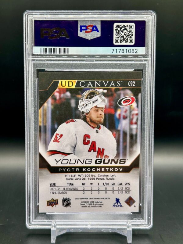 2022-23 Upper Deck Young Guns Canvas Black & White #C92 Pyotr Kochetkov PSA 10 Rookie – Carolina Hurricanes - Image 2
