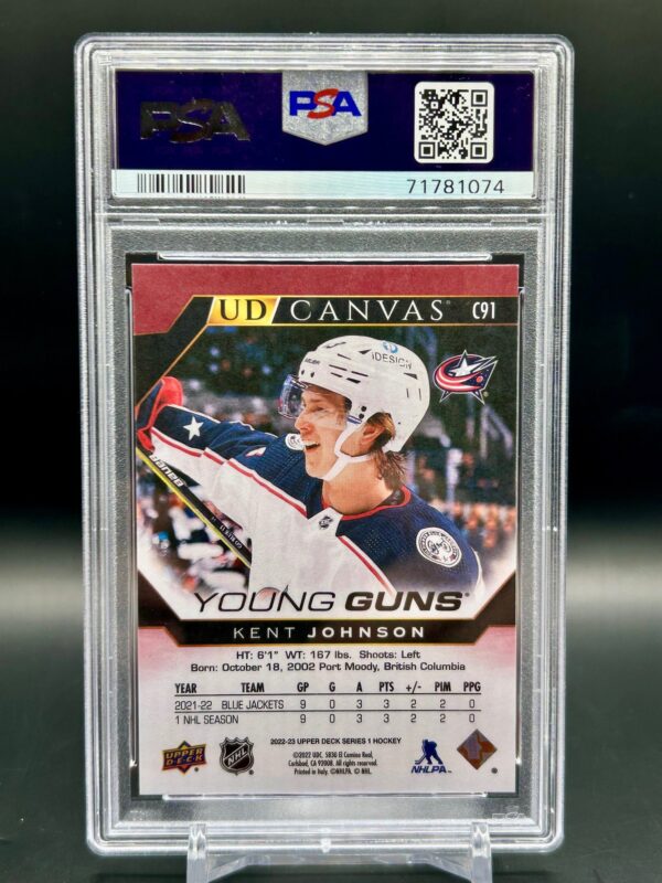 2022-23 Upper Deck Young Guns Canvas #C91 Kent Johnson PSA 10 Rookie – Columbus Blue Jackets - Image 2