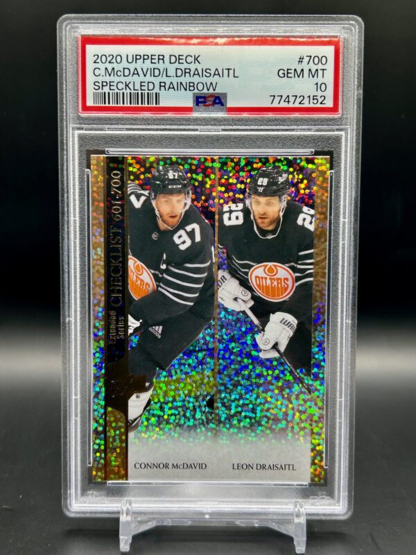 2020-21 Upper Deck Extended Series Checklist Rainbow Foil #700 Connor McDavid Leon Draisaitl hockey card, PSA 10 Gem Mint, rare collectible for Oilers fans