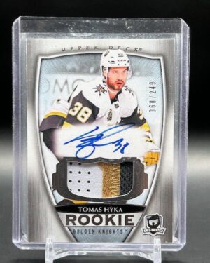 2018-19 Upper Deck The Cup Tomas Hyka Rookie Patch Auto /249 #93, showing a bold on-card autograph and a premium multi-color Vegas Golden Knights patch, serial numbered out of 249, from Upper Deck’s high-end The Cup set.