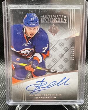 This image displays the 2015-16 UD Ultimate Rookies Anthony Beauvillier autographed rookie card #110/299, featuring a hard-signed signature and serial number, perfect for New York Islanders collectors.