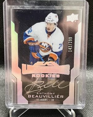 2016-17 UD Black Lustrious Rookies Autograph card #53 featuring Anthony Beauvillier of the New York Islanders, serial numbered to 299, a premium hard-signed rookie card highly sought after by NHL collectors.
