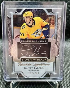 2019-20 UD Black Diamond Silver On Black Rookie Signatures Dante Fabbro #SBRS-DF /249 card featuring Nashville Predators rookie, on-card silver ink autograph, and premium Black Diamond design for collectors.