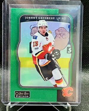 2017-18 O-Pee-Chee Platinum Johnny Gaudreau Green Rainbow Variant /50 #R-3 card featuring Calgary Flames star, limited to 50 copies, and highly collectible for NHL fans.