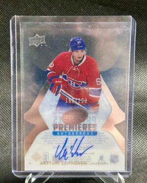 2016-17 Upper Deck Ice Premiers Auto Artturi Lehkonen /299 #IPA-AL rookie card, featuring a crisp on-card autograph, acetate design, and serial number out of 299, from the Montreal Canadiens star’s rookie year.