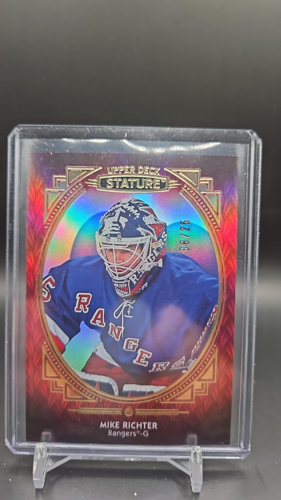 This image displays the 2020-21 Upper Deck Stature Red Mike Richter #99/25 card, a premium low-numbered parallel for New York Rangers collectors and NHL fans.