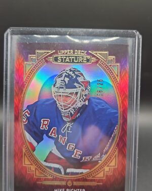 This image displays the 2020-21 Upper Deck Stature Red Mike Richter #99/25 card, a premium low-numbered parallel for New York Rangers collectors and NHL fans.