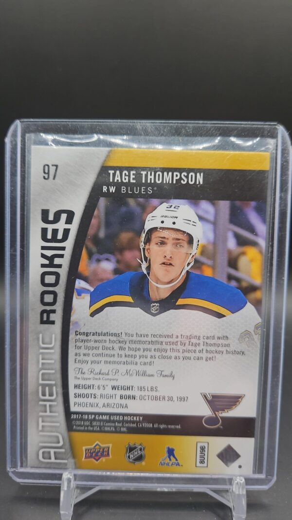 2017 SP Game Used Authentic Rookies Gold Jersey /399 Tage Thompson #97 Rookie RC - Image 2