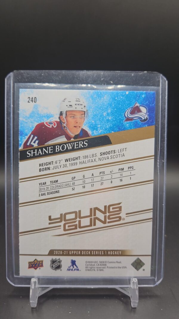 2020-21 Upper Deck Young Guns Speckled Rainbow Foil #240 Shane Bowers Rookie – Colorado Avalanche - Image 2