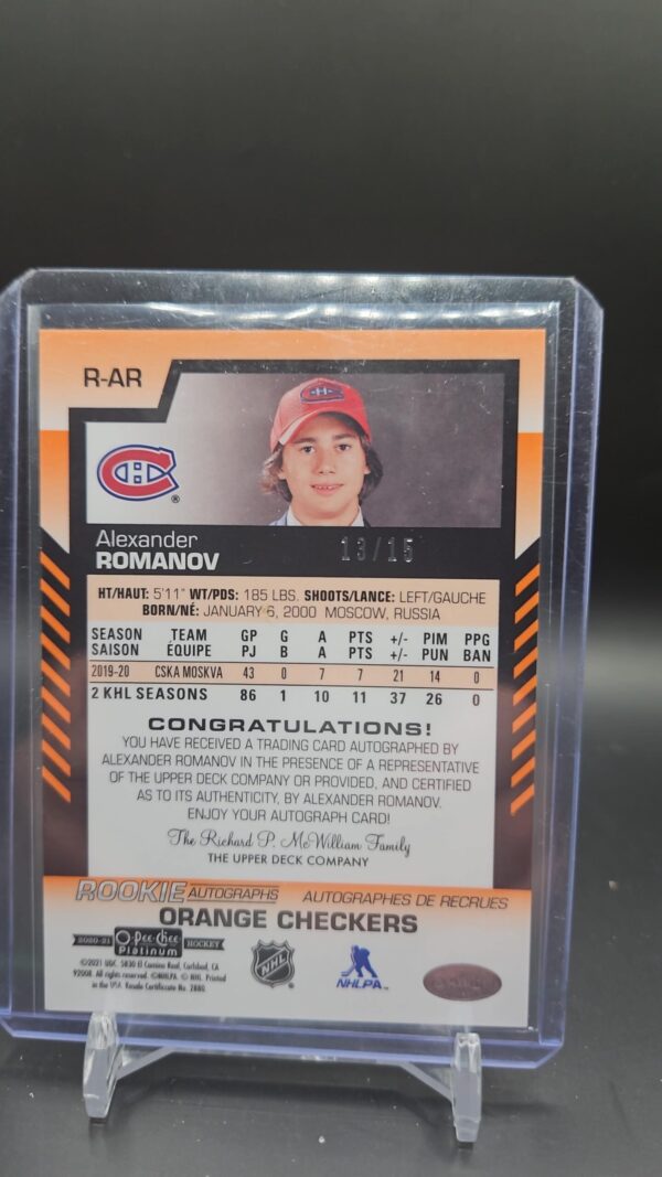 2020-21 OPC Platinum Alexander Romanov Rookie Orange Checkers Auto /15 #R-AR – Montreal Canadiens - Image 2