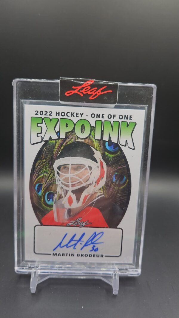2022 Hockey Expo Ink Martin Brodeur 1/1 Peacock Background autograph hockey card front