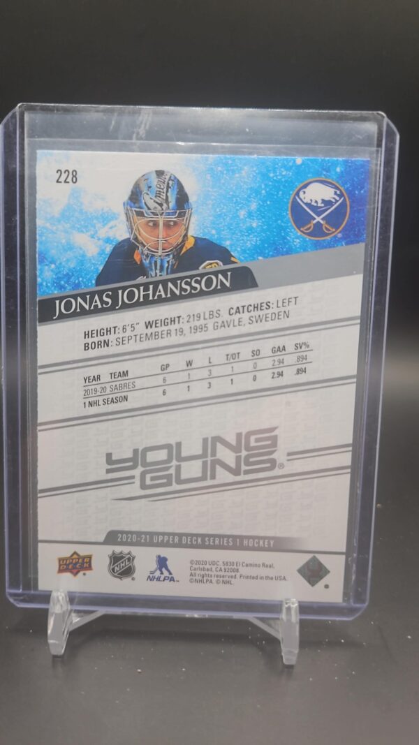 2020-21 Upper Deck Series 1 Jonas Johansson Young Guns  RC #228 - Image 2