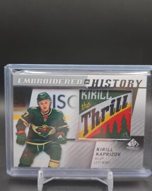 2021-22 Upper Deck SP Game Used Embroidered in History card #12 featuring Kirill Kaprizov of the Minnesota Wild, a unique embroidered memorabilia card highly sought after by NHL and Wild collectors.