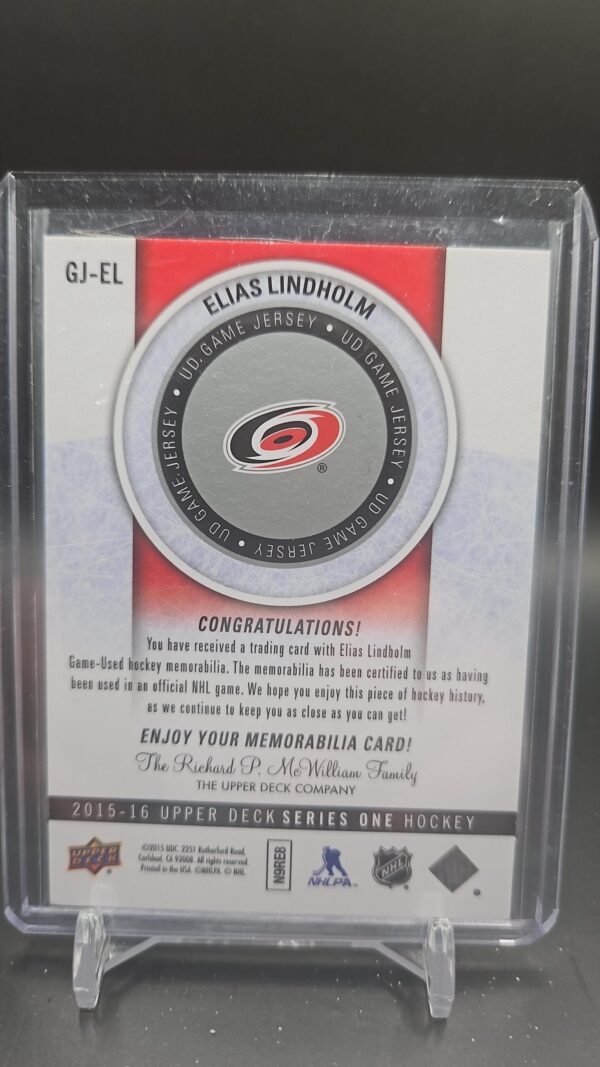 2015-16 Upper Deck UD Game Jersey Elias Lindholm GJ-EL Series 1 Carolina Hurricanes - Image 2