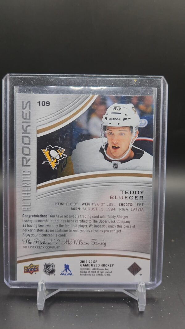 2019 SP Game Used Authentic Rookies Gold Jersey Relics Teddy Blueger Rookie /599 #109 - Image 2