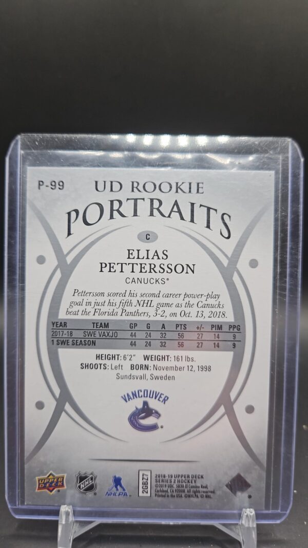 Elias Pettersson 2018-19 Upper Deck Rookie Portraits #P-99 - Image 2
