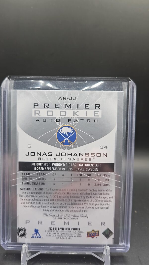 2020-21 Upper Deck Premier Jonas Johansson PATCH AUTO /249 #AR-JJ - Image 2