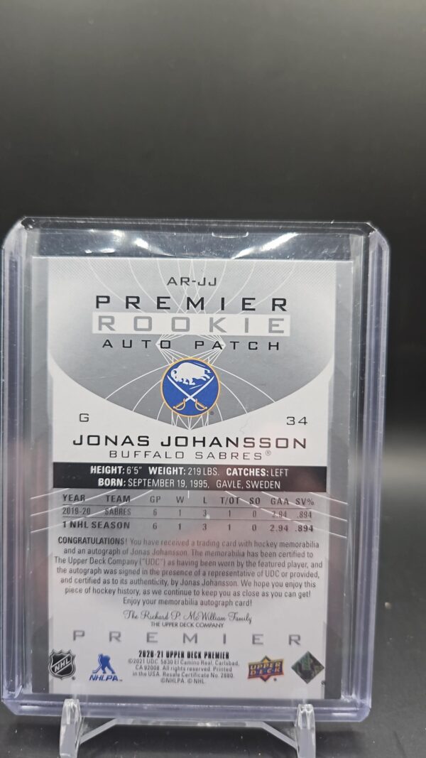 2020-21 Upper Deck Premier Jonas Johansson PATCH AUTO /249 #AR-JJ - Image 2