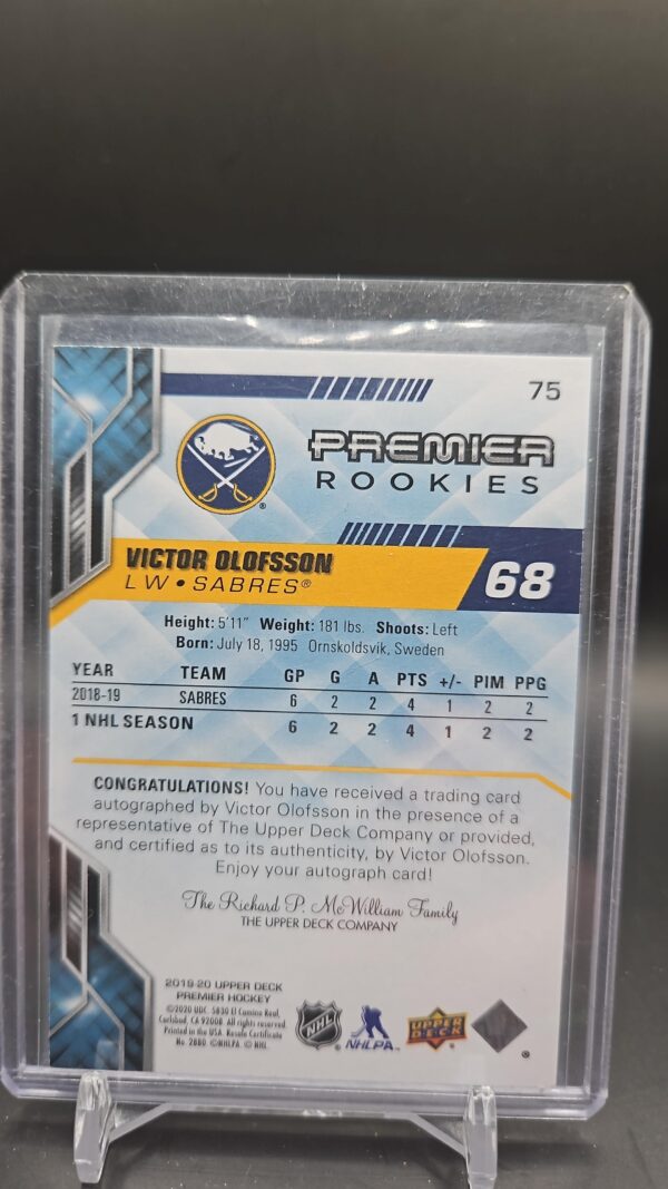2019-20 UD Premier Victor Olofsson Premier Rookies Auto  #75 /3 - Image 2