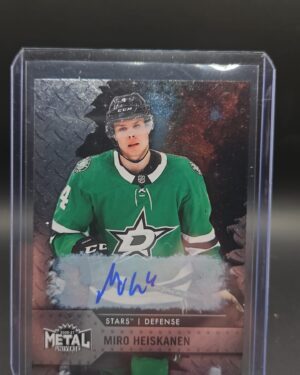 This image displays the 2020-21 Skybox Metal Universe Miro Heiskanen autograph card #69, a rare, hard-signed collectible for Dallas Stars and NHL fans.