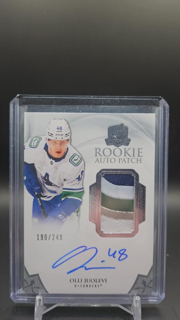 2020-21 UD The Cup Olli Juolevi RPA Rookie Auto Patch /249 card front, Vancouver Canucks