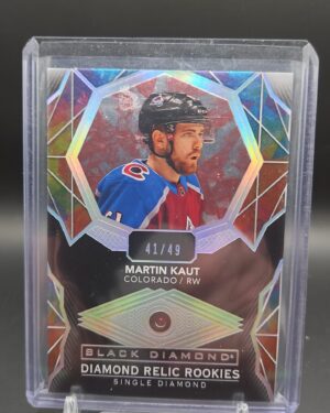 2020 Upper Deck Black Diamond Relic Gems Ruby /49 card #BDR-MK featuring Martin Kaut of the Colorado Avalanche, a premium limited memorabilia card highly sought after by NHL collectors.