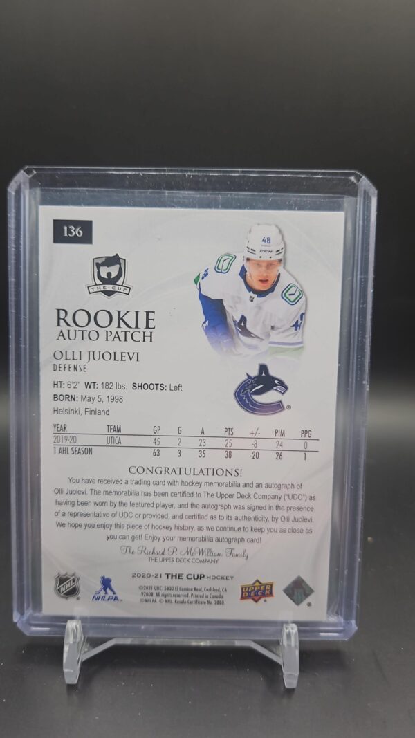 2020-21 UD The Cup Olli Juolevi RPA Rookie Auto Patch /249 - Image 2