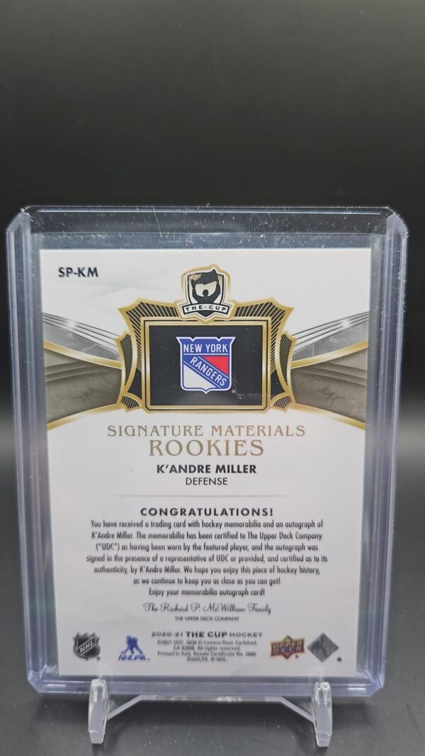 2020-21 Upper Deck The Cup K’Andre Miller Signature Materials Rookie Patch Auto /99 Rangers - Image 2