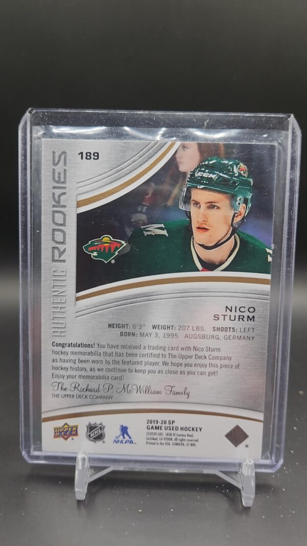 2019-20 SP Game Used Authentic Rookies Jersey #189 Nico Sturm RC #/599 Wild - Image 2